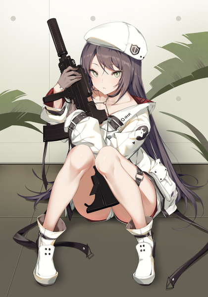 Anime picture 2544x3637 with original ikomochi single long hair tall image looking at viewer fringe highres black hair hair between eyes sitting holding green eyes payot full body bent knee (knees) indoors long sleeves arms up bare legs
