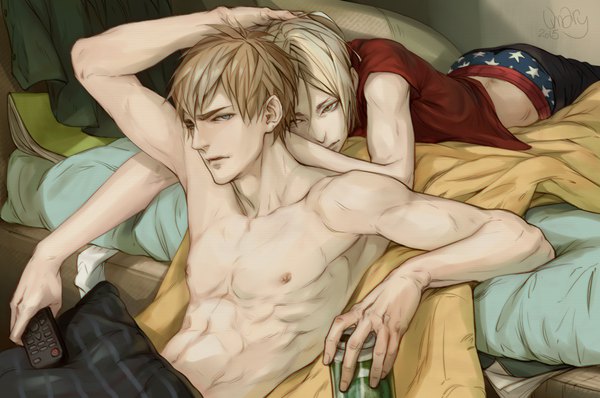 Anime picture 1066x708 with 19 days jian yi zhan zheng xi tashami looking at viewer fringe short hair light erotic blonde hair sitting holding signed looking away indoors lying arm up multiple boys eyebrows muscle shounen ai