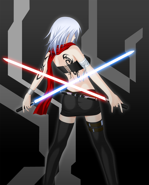 Anime picture 1500x1859 with star wars midnight (artist) single tall image short hair white hair from behind tattoo back girl thighhighs skirt weapon black thighhighs miniskirt scarf bandage (bandages)