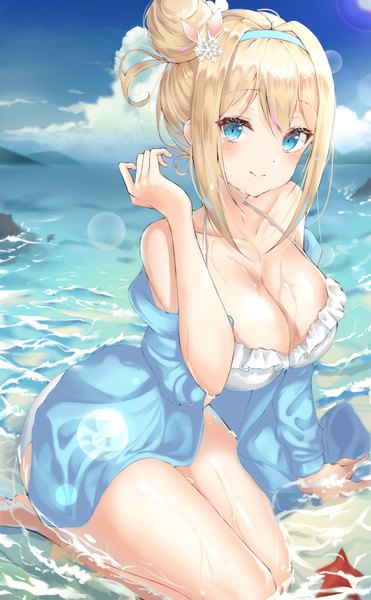 Anime picture 2225x3594 with girls frontline suomi kp31 (girls frontline) lotpi single tall image looking at viewer blush fringe highres short hair breasts blue eyes light erotic blonde hair hair between eyes large breasts sitting bare shoulders payot cloud (clouds)