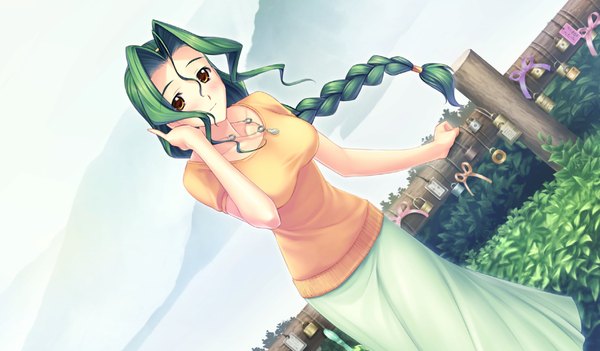 Anime picture 1024x600 with kimi ga ita kisetsu long hair wide image brown eyes game cg braid (braids) green hair girl