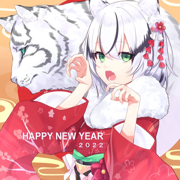 Anime picture 3000x3000 with original daifuku (tkja3555) single looking at viewer fringe highres short hair open mouth hair between eyes green eyes animal ears silver hair upper body traditional clothes japanese clothes multicolored hair streaked hair new year happy new year claw pose