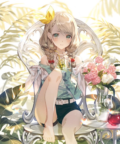 Anime picture 1000x1200 with original fajyobore single long hair tall image looking at viewer blush blonde hair sitting bare shoulders bent knee (knees) braid (braids) barefoot light smile sparkle grey eyes twin braids girl flower (flowers) ribbon (ribbons)