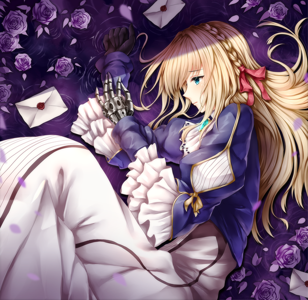 Anime picture 2465x2400 with violet evergarden kyoto animation violet evergarden (character) wsman single long hair blush fringe highres blue eyes blonde hair lying braid (braids) long sleeves profile on side mechanical arms girl dress gloves