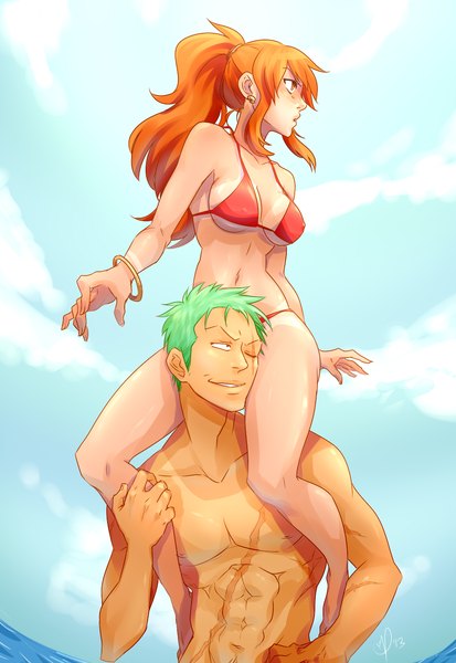 Anime picture 1000x1450 with one piece toei animation nami (one piece) roronoa zoro prinzack long hair tall image fringe short hair breasts light erotic smile hair between eyes large breasts sitting bare shoulders signed payot looking away sky