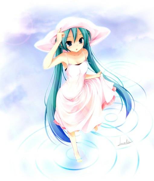 Anime picture 1004x1181 with vocaloid hatsune miku luna lia single tall image blush open mouth blue eyes sky cloud (clouds) multicolored hair green hair from above sunlight :o girl dress hat water