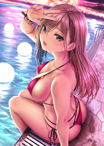 Anime picture 2976x4175 with original kase daiki single long hair tall image looking at viewer blush fringe highres breasts open mouth blue eyes light erotic smile hair between eyes brown hair large breasts sitting ass nail polish