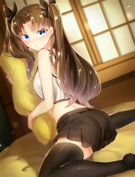 Anime picture 795x1040 with fate (series) fate/stay night type-moon toosaka rin suurin (ksyaro) single long hair tall image looking at viewer blush fringe blue eyes brown hair sitting twintails bare shoulders holding bent knee (knees) indoors parted lips