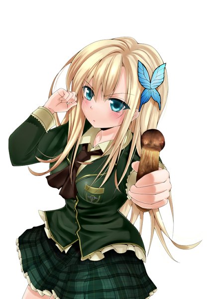 Anime picture 764x1080 with boku wa tomodachi ga sukunai kashiwazaki sena amayofoo single long hair tall image blush simple background blonde hair white background pleated skirt aqua eyes :o sexually suggestive girl skirt uniform hair ornament school uniform necktie