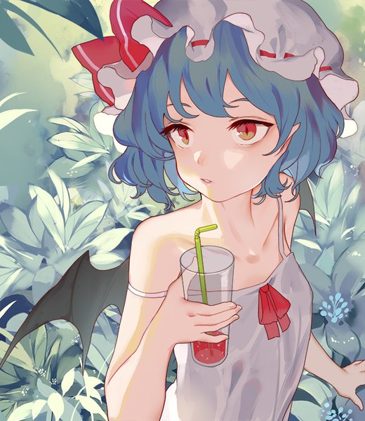 Anime picture 693x800 with touhou remilia scarlet hillly (maiwetea) single tall image short hair red eyes bare shoulders blue hair looking away upper body strap slip bat wings girl plant (plants) hat wings bonnet glass drinking straw