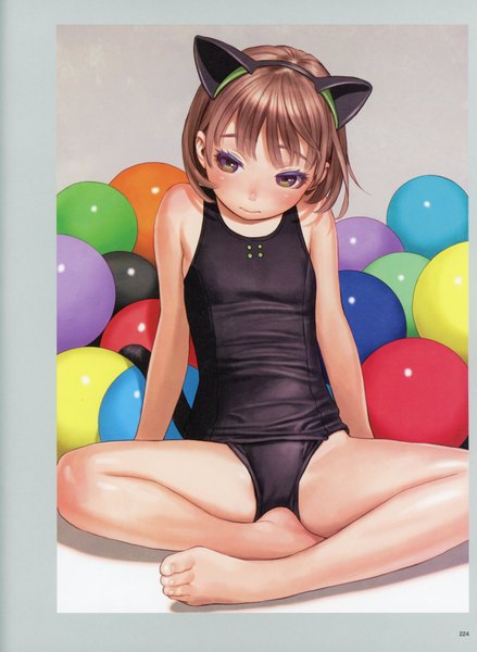 Anime picture 5092x6966 with original futurelog (artbook) range murata single tall image looking at viewer highres short hair light erotic brown hair sitting bare shoulders brown eyes animal ears absurdres barefoot light smile cat ears scan arm support