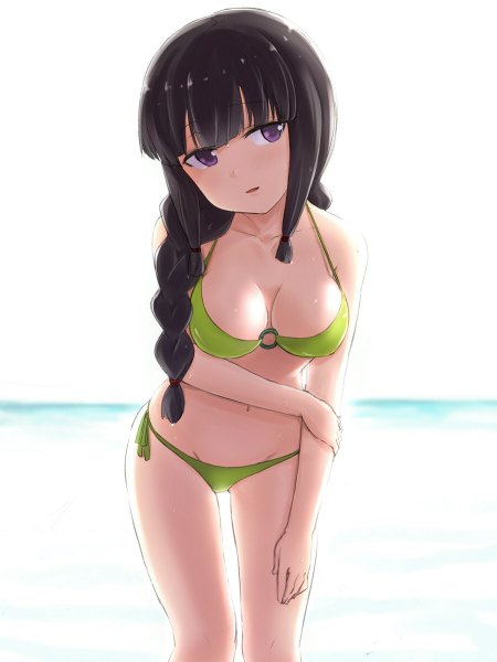 Anime picture 899x1200 with kantai collection kitakami light cruiser engiyoshi single long hair tall image looking at viewer fringe breasts light erotic black hair smile purple eyes twintails bare shoulders braid (braids) sunlight bare legs bare belly leaning