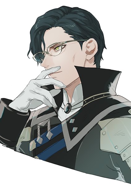 Anime picture 600x849 with fire emblem fire emblem: three houses nintendo hubert von vestra isa (peien516) single tall image short hair black hair simple background white background green eyes looking away upper body hand to mouth popped collar boy gloves white gloves