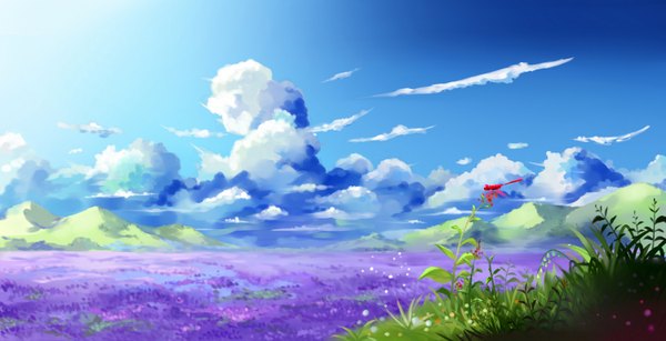 Anime picture 1500x768 with original dust (394652411) wide image sky cloud (clouds) wind mountain no people landscape scenic field flower (flowers) plant (plants) flower field