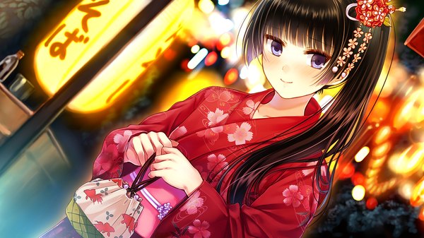 Anime picture 1280x720 with ayame no machi to ohimesama kazuharu kina single long hair looking at viewer blush blue eyes black hair wide image game cg ponytail traditional clothes japanese clothes hair flower light smile night dutch angle side ponytail girl hair ornament