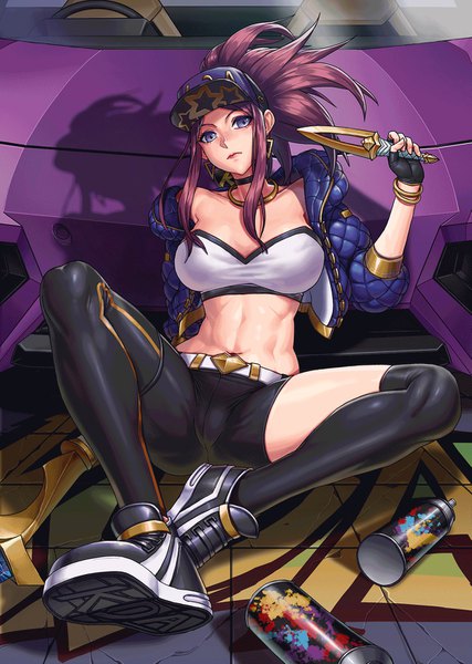 Anime picture 1105x1553 with league of legends k/da (league of legends) akali (league of legends) k/da akali gonster single long hair tall image looking at viewer breasts light erotic brown hair large breasts sitting purple eyes holding payot full body ponytail head tilt
