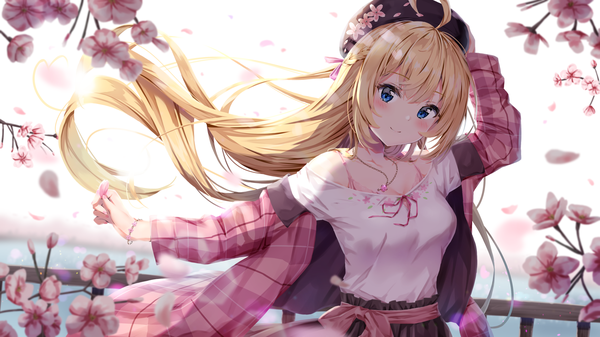 Anime picture 2304x1296 with virtual youtuber aogiri koukou game club minazuki natsuki kuria (clear trip second) single long hair looking at viewer blush fringe highres blue eyes simple background blonde hair smile wide image standing white background holding payot ahoge