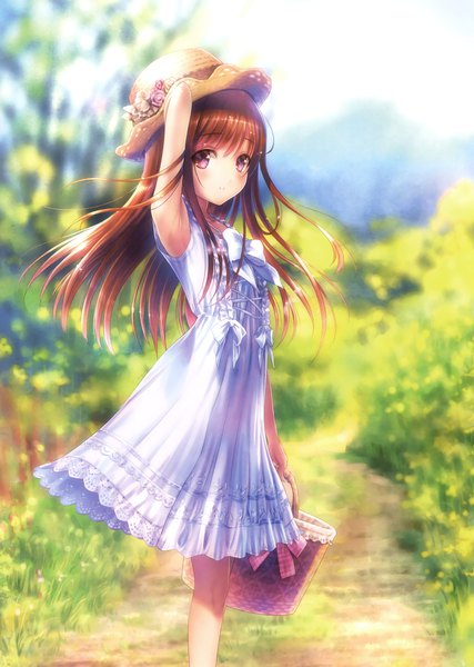 Anime picture 2489x3500 with original goto p single long hair tall image looking at viewer highres brown hair purple eyes scan official art girl plant (plants) hat tree (trees) sundress straw hat basket