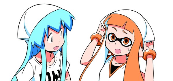 Anime picture 3541x1668 with shinryaku! ika musume splatoon nintendo ika musume inkling anbe masahiro long hair fringe highres open mouth simple background wide image white background multiple girls payot looking away :d pointy ears orange hair aqua hair