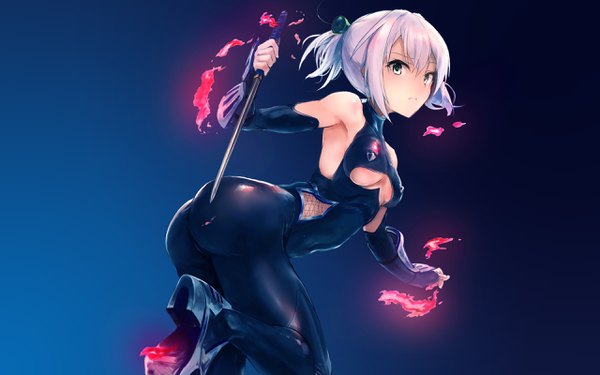 Anime picture 2560x1600 with kantai collection shiranui destroyer assassinwarrior kuzu (miduhana) single tall image looking at viewer blush fringe highres short hair light erotic simple background hair between eyes holding green eyes payot pink hair ass ponytail
