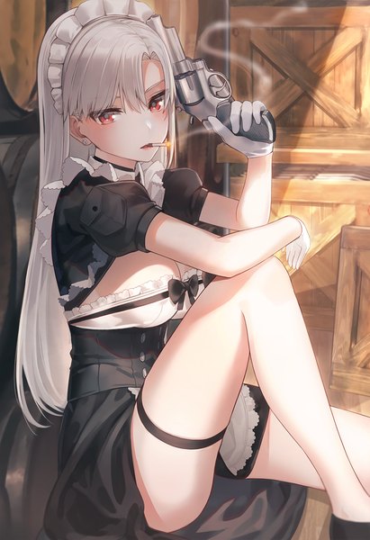 Anime picture 856x1250 with original kfr single long hair tall image looking at viewer blush fringe breasts open mouth light erotic hair between eyes red eyes sitting holding silver hair bent knee (knees) short sleeves maid puffy sleeves