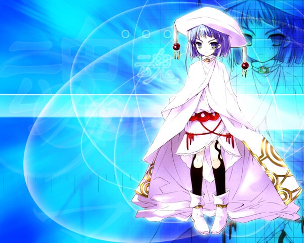 Anime picture 1280x1024 with shakugan no shana j.c. staff hecate itou noiji single looking at viewer short hair purple eyes purple hair full body hieroglyph third-party edit zoom layer girl boots headdress