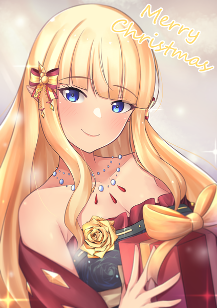 Anime picture 3508x4960 with princess connect! re:dive princess connect! saren (princess connect!) mr2d single long hair tall image looking at viewer blush fringe highres breasts blue eyes blonde hair smile holding absurdres cleavage upper body blunt bangs