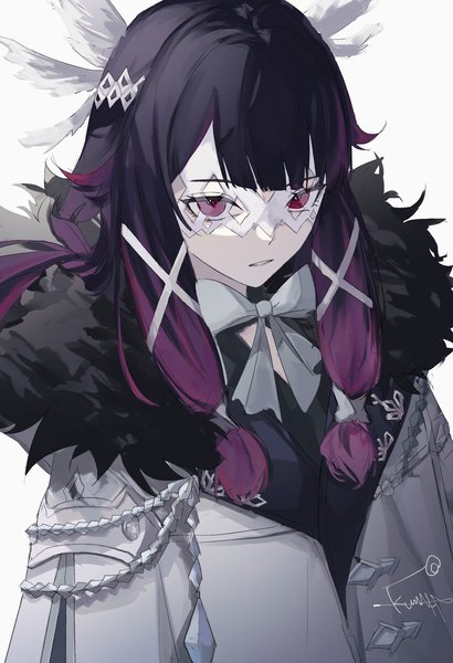 Anime picture 1625x2376 with genshin impact columbina (genshin impact) kumah dessu single long hair tall image looking at viewer fringe black hair simple background white background purple eyes signed purple hair upper body blunt bangs parted lips multicolored hair two-tone hair fur trim