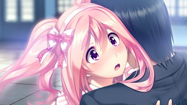 Anime picture 1024x576 with d-eve in you ubukata yume long hair open mouth wide image purple eyes pink hair game cg girl