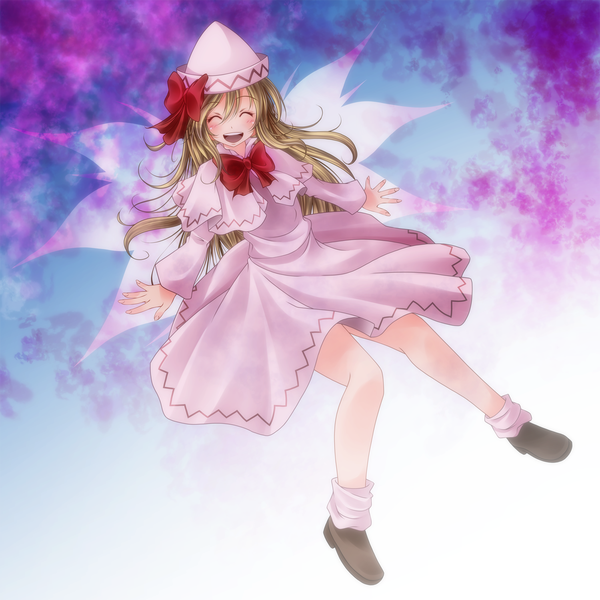 Anime picture 1500x1500 with touhou lily white s-syogo single long hair open mouth blonde hair eyes closed girl dress hat wings