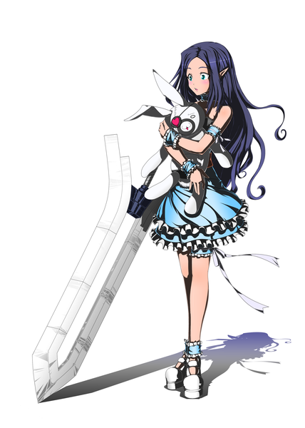Anime picture 2500x3500 with original denshireng (pixiv id3338639) single long hair tall image blush highres open mouth blue eyes white background bare shoulders blue hair pointy ears shadow legs elf girl dress ribbon (ribbons) shoes