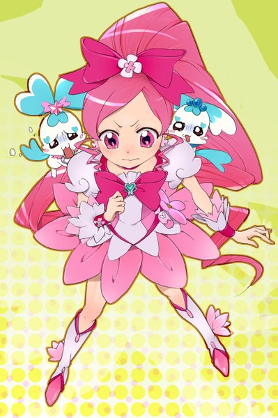 Anime picture 918x1381 with precure heartcatch precure! toei animation hanasaki tsubomi cure blossom coffret (heartcatch precure!) chypre (heartcatch precure!) kaisen tall image standing pink hair full body ponytail very long hair pink eyes from above puffy sleeves looking down magical girl scared