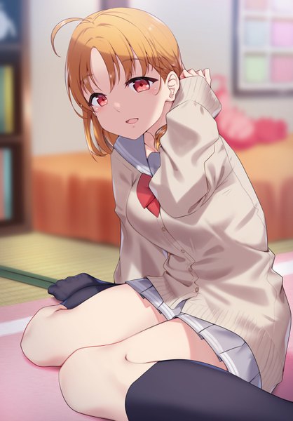 Anime picture 2000x2868 with love live! sunshine!! sunrise (studio) love live! takami chika yamaori (yamaorimon) single tall image looking at viewer blush fringe highres short hair breasts open mouth smile red eyes sitting ahoge bent knee (knees) head tilt