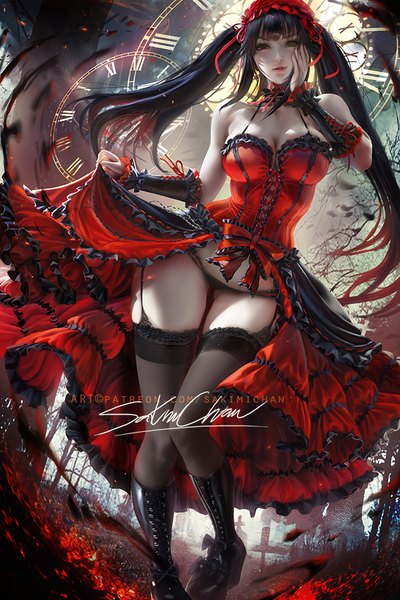Anime picture 667x1000 with date a live tokisaki kurumi sakimichan single long hair tall image looking at viewer fringe breasts light erotic black hair red eyes large breasts standing twintails bare shoulders signed yellow eyes payot cleavage