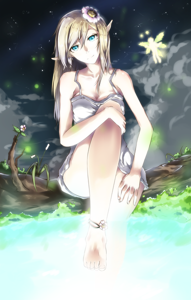 Anime picture 1400x2200 with bbayu single long hair tall image looking at viewer blue eyes blonde hair smile sitting barefoot hair flower light smile pointy ears legs elf girl dress hair ornament flower (flowers) white dress
