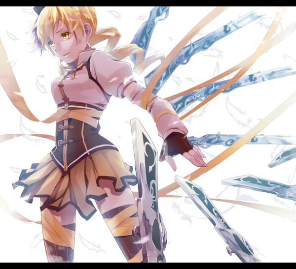 Anime picture 1200x1095 with mahou shoujo madoka magica shaft (studio) pixiv tomoe mami pietani 397 single long hair blonde hair white background twintails yellow eyes looking away drill hair letterboxed girl ribbon (ribbons) weapon fingerless gloves gun feather (feathers)