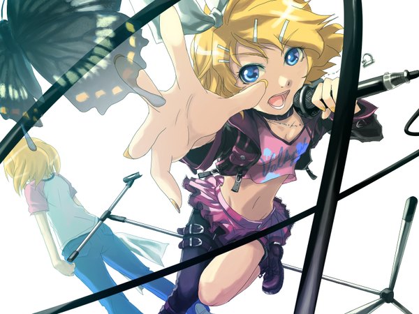 Anime picture 1600x1200 with vocaloid kagamine rin k2pudding highres short hair blue eyes blonde hair nail polish fingernails from behind midriff alternate costume long fingernails eyeshadow leg lift (legs lift) dual persona yellow nail polish raglan sleeves girl hair ornament