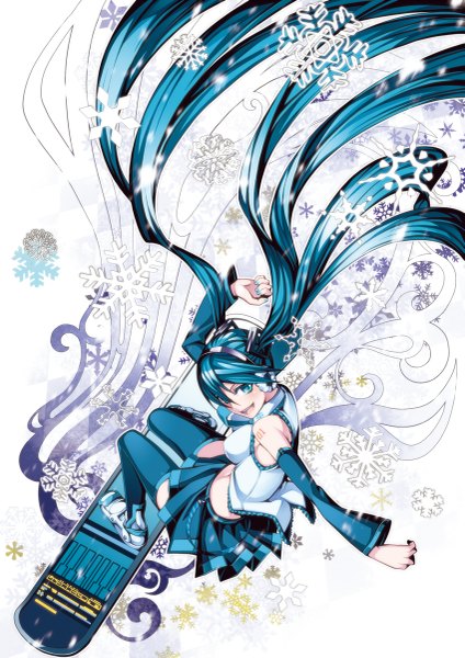 Anime picture 849x1200 with vocaloid hatsune miku torigoe takumi single tall image blush open mouth blue eyes twintails bare shoulders blue hair very long hair from above wind girl thighhighs skirt detached sleeves headphones snowflake (snowflakes)