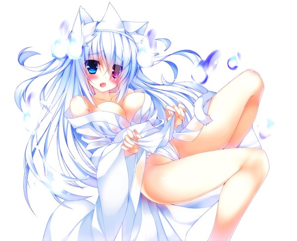Anime picture 1228x1000 with original ojitcha single long hair blush breasts light erotic simple background white background animal ears blue hair cleavage tail traditional clothes japanese clothes animal tail cat ears cat girl cat tail heterochromia