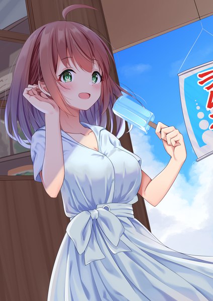 Anime picture 868x1228 with original syurimp single tall image blush short hair open mouth brown hair green eyes looking away sky cloud (clouds) ahoge :d adjusting hair girl dress food white dress sweets