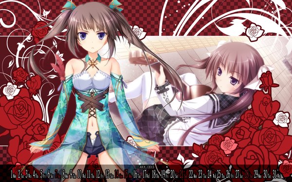 Anime picture 1920x1200 with hapymaher purple software hirasaka keiko tsukimori hiro long hair looking at viewer highres light erotic brown hair wide image purple eyes twintails bare shoulders dual persona girl thighhighs navel uniform flower (flowers) ribbon (ribbons)