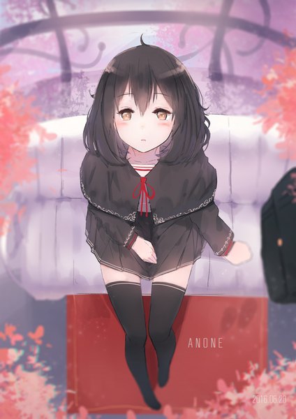Anime picture 707x1000 with original anone single tall image looking at viewer blush fringe short hair black hair hair between eyes sitting brown eyes signed full body ahoge pleated skirt from above zettai ryouiki dated girl