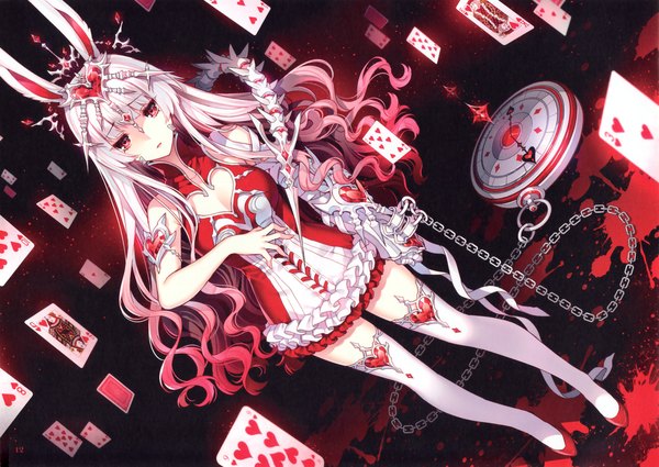 Anime picture 3474x2466 with alice in wonderland butterfly dream (artbook) white rabbit nardack single long hair highres red eyes animal ears absurdres white hair scan dutch angle bunny ears girl thighhighs dress frills headdress blood