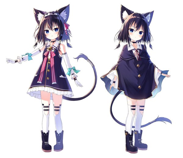 Anime picture 1500x1300 with original kuroneko-chan (satou) satou (3366 s) looking at viewer fringe short hair blue eyes black hair simple background smile hair between eyes standing white background animal ears full body cat ears cat girl loli sleeveless multiview