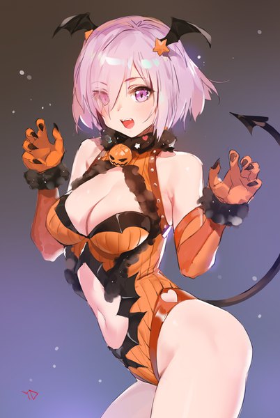 Anime picture 2072x3089 with fate (series) fate/grand order mash kyrielight yd (orange maru) single tall image looking at viewer fringe highres short hair breasts open mouth light erotic simple background smile large breasts bare shoulders pink hair tail :d