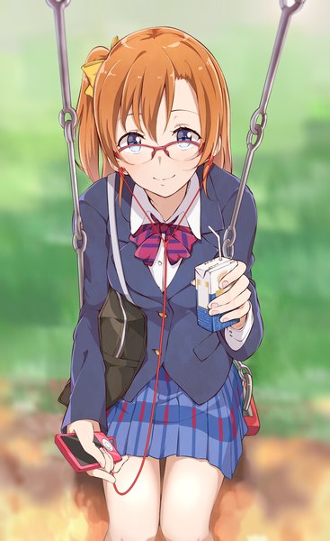 Anime picture 2153x3519 with love live! school idol project sunrise (studio) love live! ipod kousaka honoka haine single tall image fringe highres short hair blue eyes smile sitting holding pleated skirt fingernails orange hair one side up girl