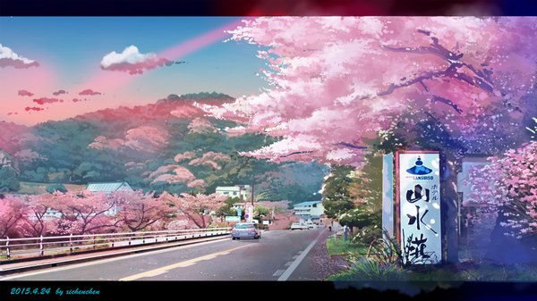 Anime picture 4283x2409 with original xi chen chen highres wide image absurdres sky cloud (clouds) sunlight cherry blossoms mountain plant (plants) petals tree (trees) grass ground vehicle car road