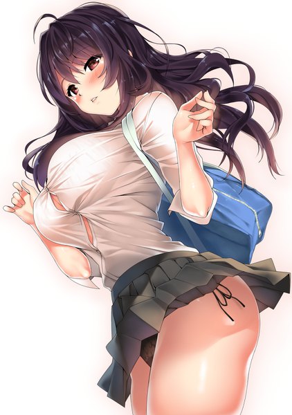 Anime picture 1020x1450 with original kawai (purplrpouni) single long hair tall image looking at viewer blush fringe breasts light erotic simple background hair between eyes red eyes large breasts standing white background purple hair ahoge ass parted lips