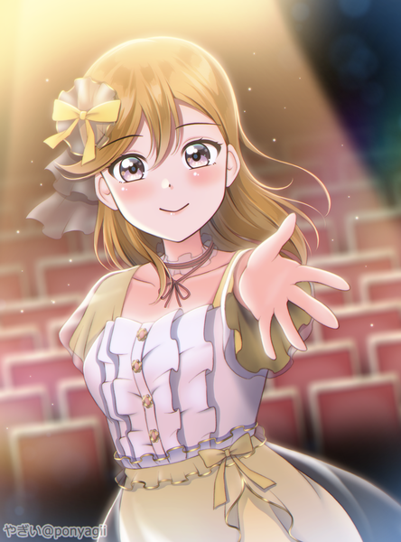 Anime picture 2590x3498 with hello!!! love live! sunrise (studio) love live! shibuya kanon ponyagii single long hair tall image looking at viewer blush fringe highres smile hair between eyes standing purple eyes signed orange hair twitter username outstretched hand