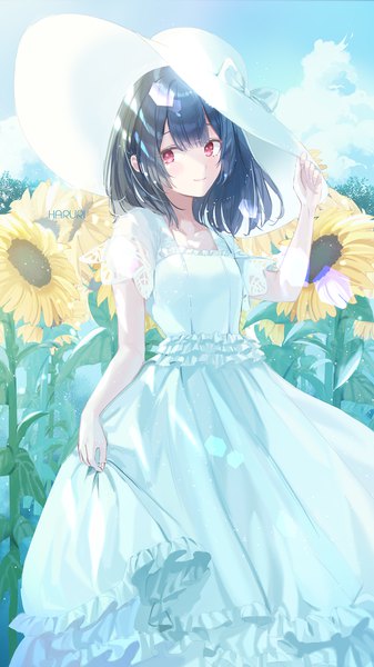 Anime picture 1000x1778 with idolmaster idolmaster shiny colors morino rinze haruri single tall image fringe short hair black hair red eyes signed sky cloud (clouds) outdoors lens flare frilled dress adjusting hat girl dress flower (flowers)